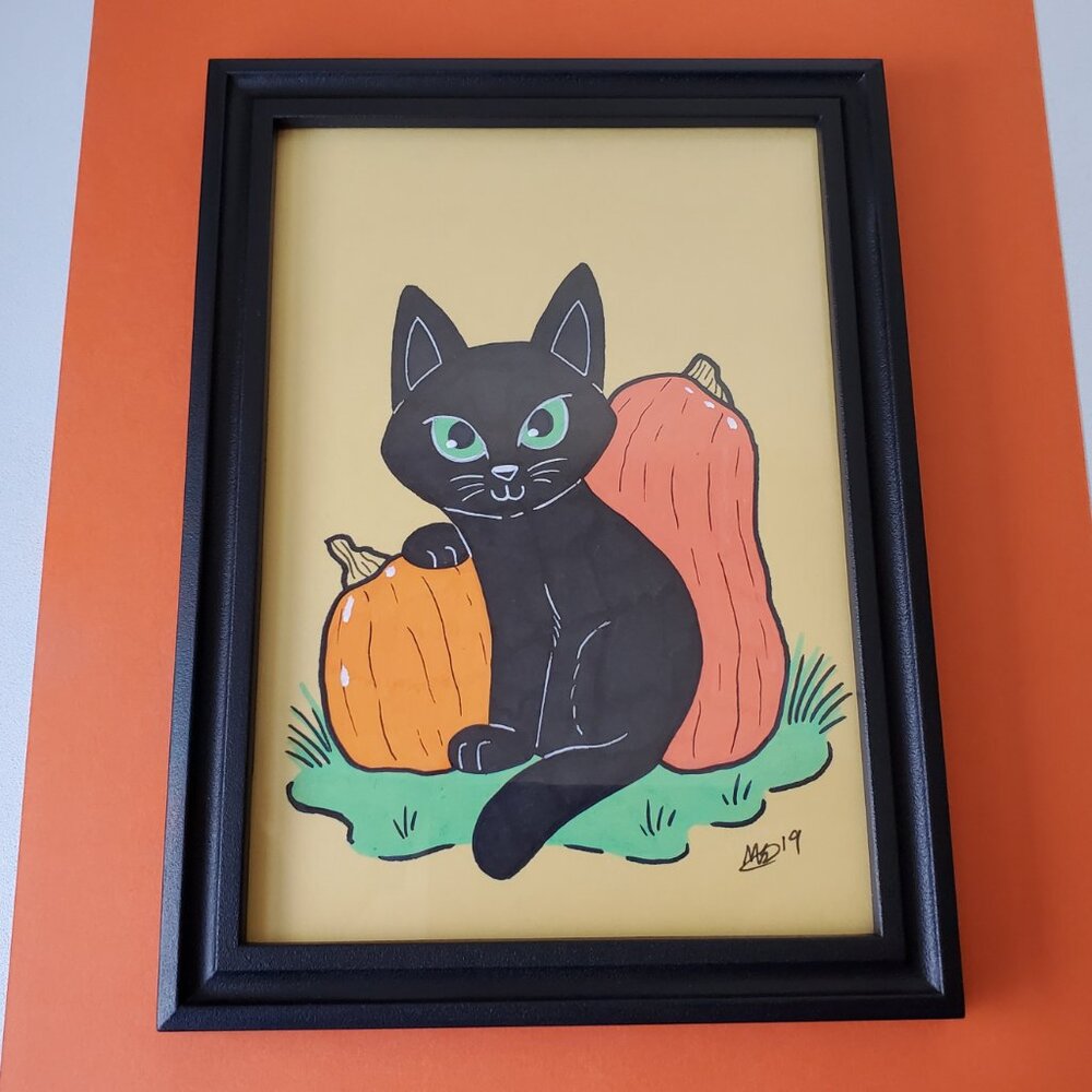 Original Halloween Black Cat with Pumpkins Framed 5×7 Mixed Media Illustration